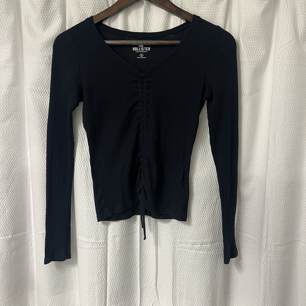 Hollister‎ Black Sexy Ribbed Ruched Drawstring V Neck Cropped Long Sleeve Small